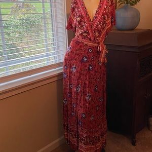 Wrap dress with belt.